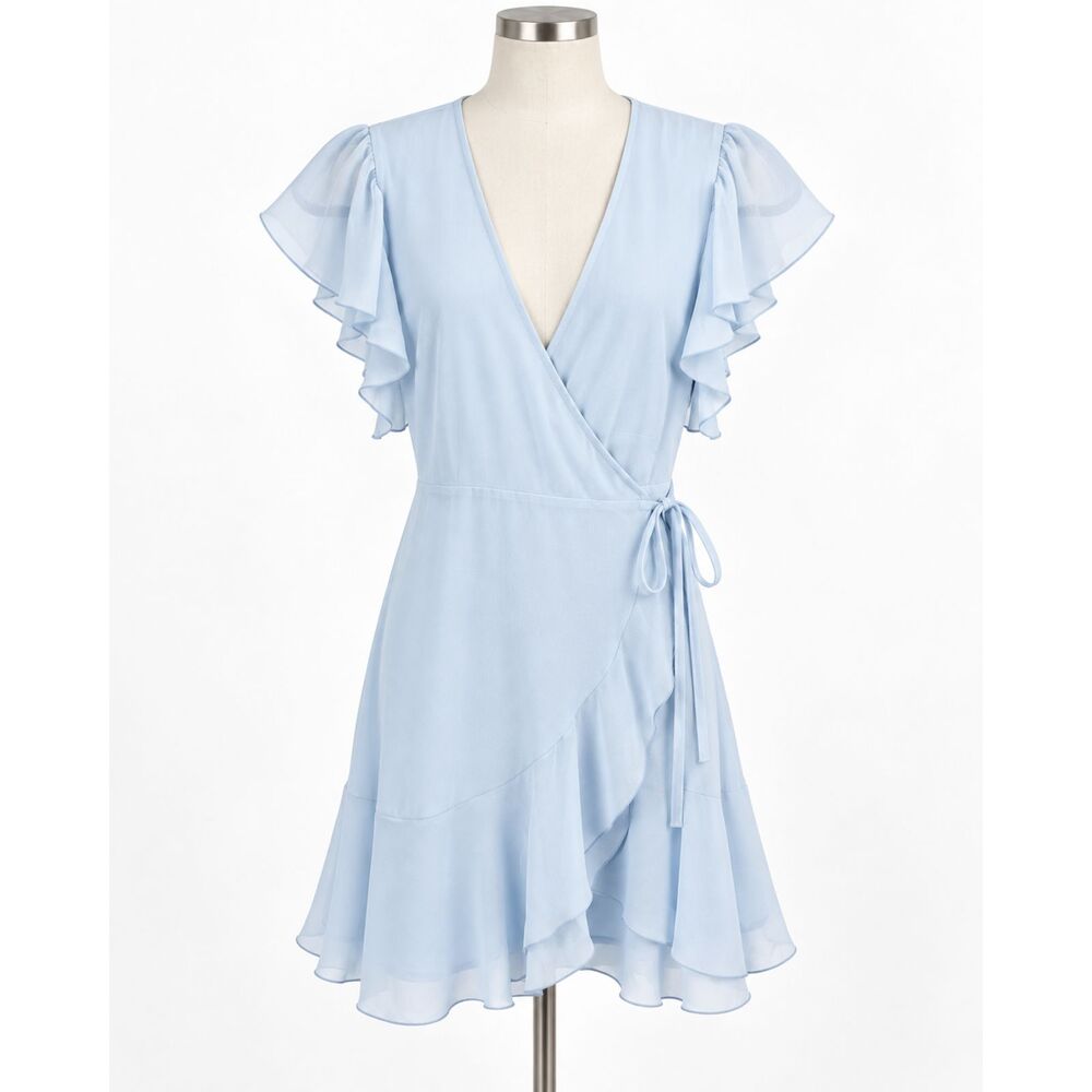 NWOT Aritzia Wilfred Lawn Dress Chiffon Wrap Ruffle Dress Heatwave Blue Size M